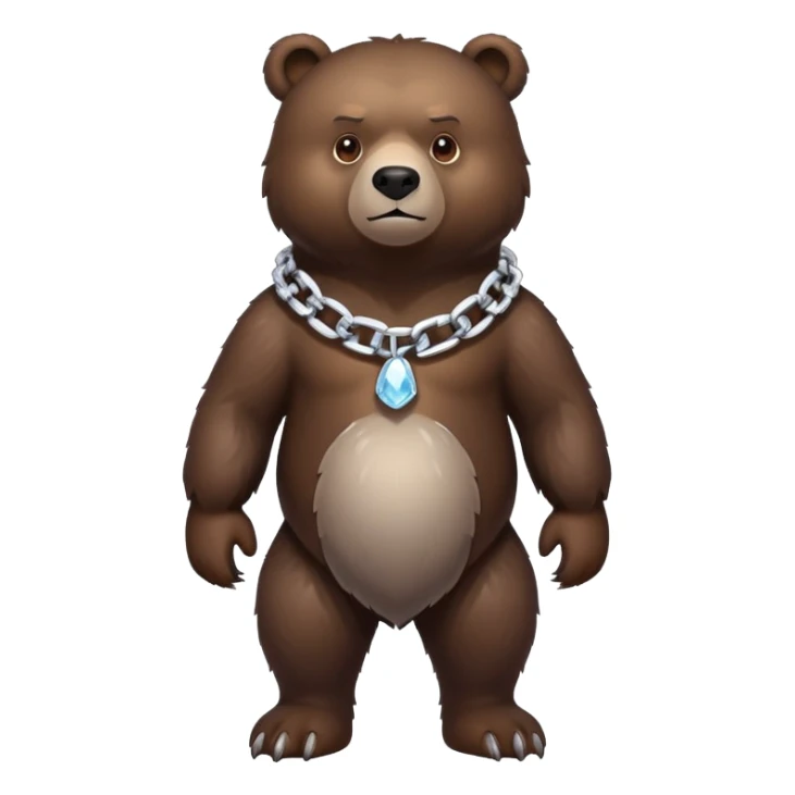 Very realistic dark brown bear standing on all four legs with intimidating gaze, wearing only a plain ice chain around its neck sticker