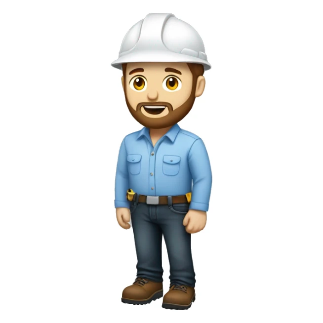 Mid white engineer wearing light blue blouse and black jeans and brown safety shoes and  white helmet and he has a slight beard  sticker