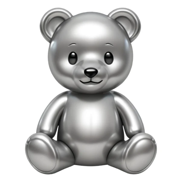 A cute teddy bear emoji made of liquid silver chrome, smooth rounded body, glossy metallic surface, soft reflections, friendly proportions, iOS emoji style, centered, clean white background sticker