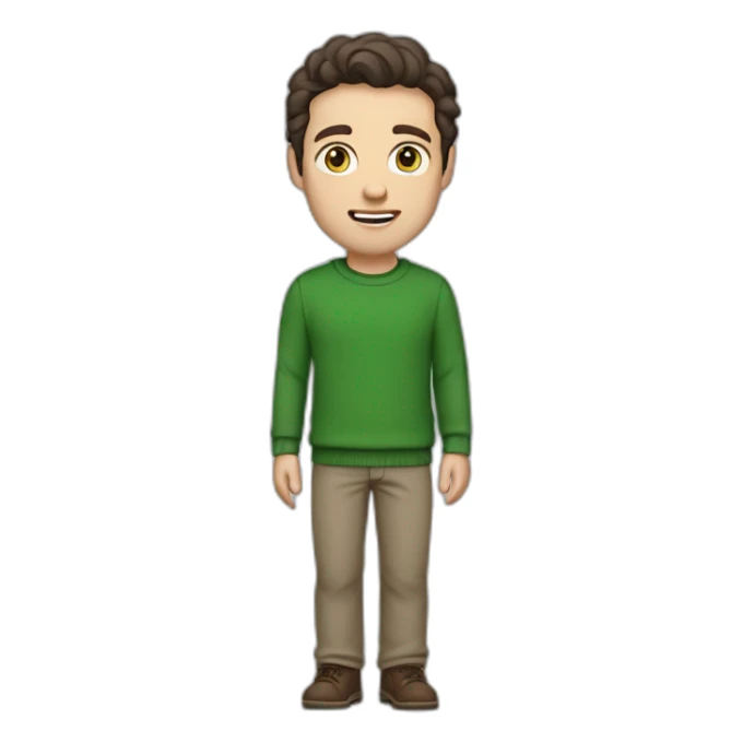 white guy, 30 years old, dark hair, medium height, blue eyes, wearing a green pullover, gray chinos and brown chelsea pants sticker