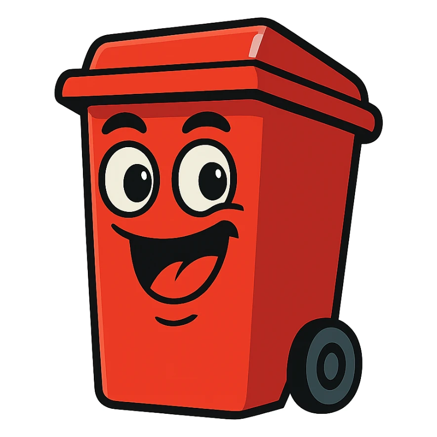 red trash bin, cartoon style, playful expression sticker