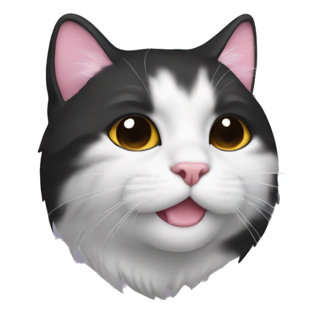 The cat’s face is mostly black with a white stripe between the eyes. The left side of nose is half pink and the right side is half black. White fur widens around the left mouth, covering the chin, while the right face stays black. sticker