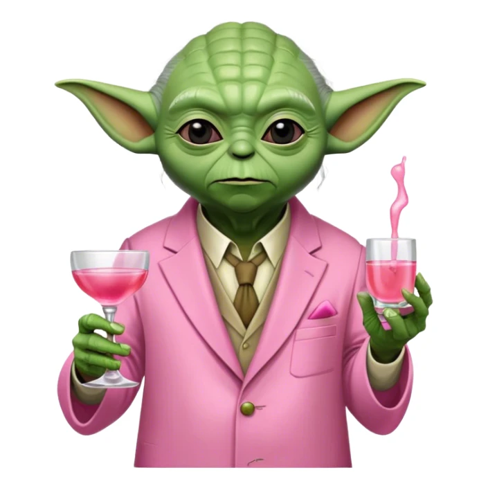 Master Yoda in pink suit, holding small pink tequila shot sticker