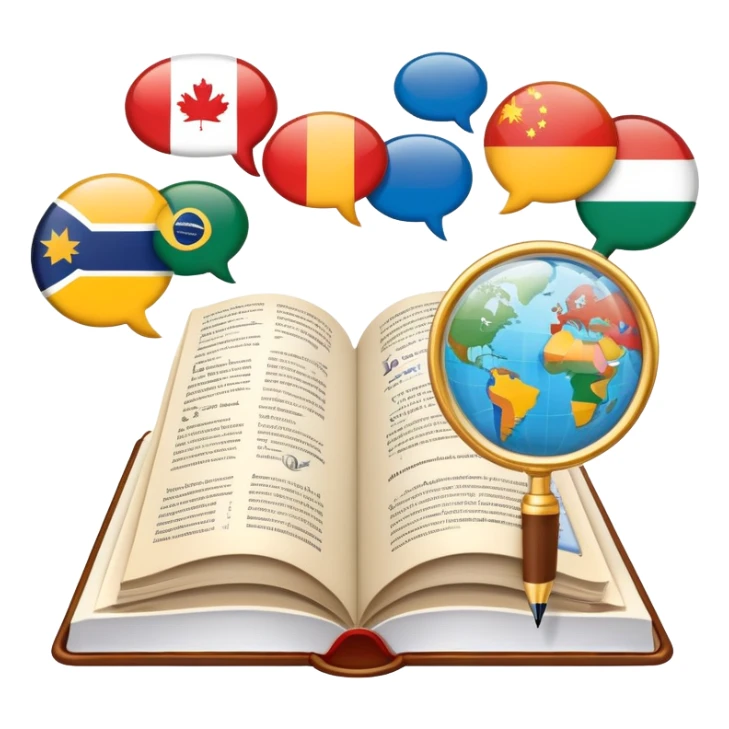 An icon featuring an open book, a pen, and speech bubbles, symbolizing philology and linguistics. The design includes alphabet letters, a magnifying glass, and flags of different countries, representing global languages and communication. Transparent background highlights language study. sticker