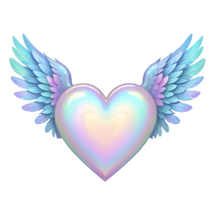 pale pastel holographic heart with feathery wings, iridescent glow sticker