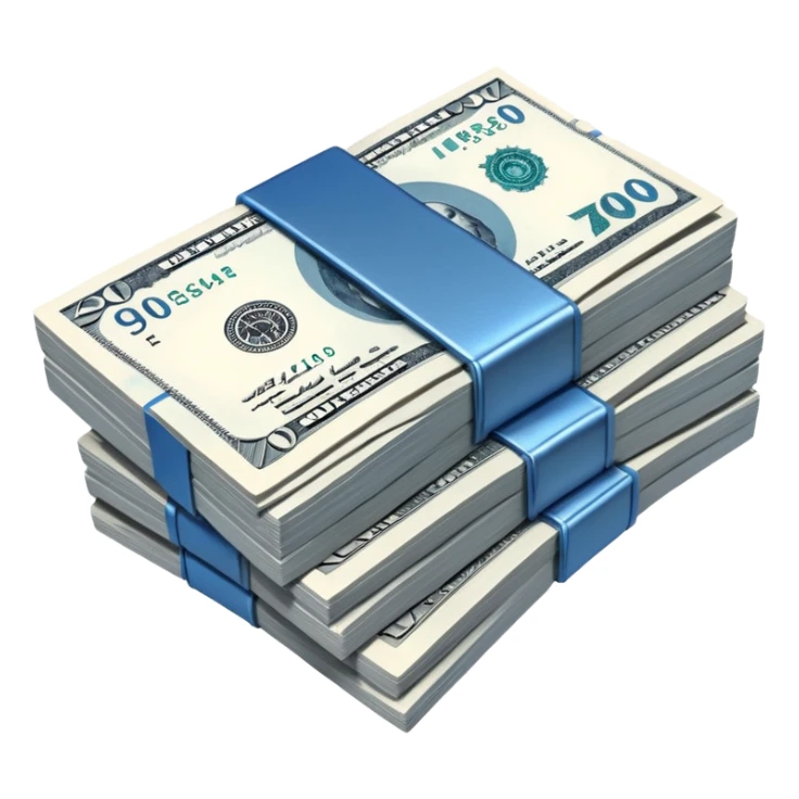 a neat bound stack of blue-and-white banknotes, koan bills , 90s futuristic, the band is dark gray sticker