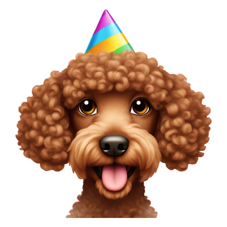Brown curly hair poodle with a birthday hat sticker