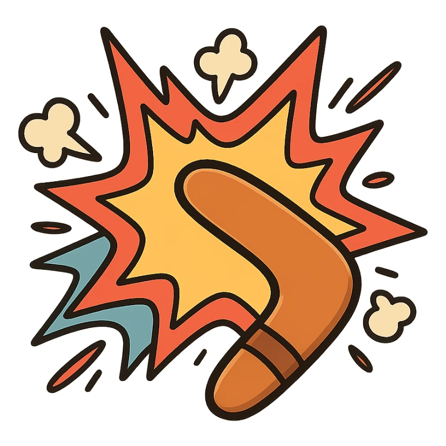 playful emoji of a boomerang causing a colorful explosion, merging both elements into one energetic icon for 'kaboomerang' sticker