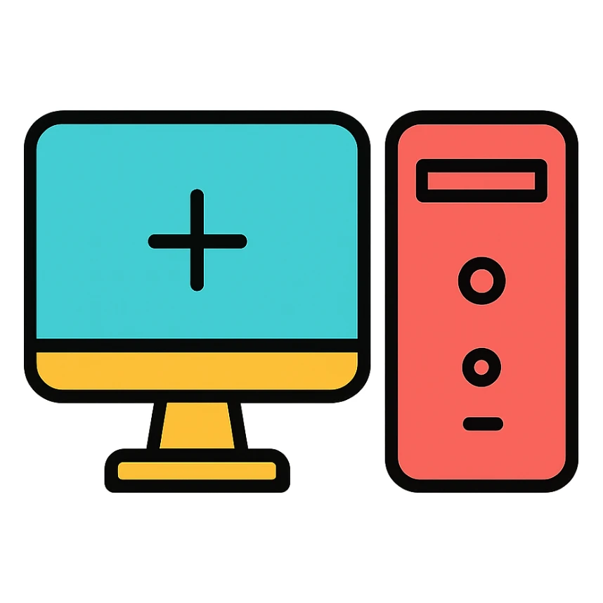 PC computer, lineal color outlined icon style, with black outlines and color fills sticker