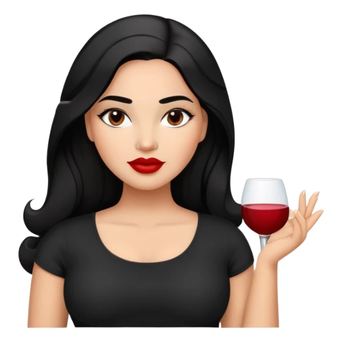 Confident curvier young woman with oval face, elegant features, medium brown skin, dark brown eyes, arched eyebrows, red lipstick, long black hair, fuller figure, wearing a black top sticker