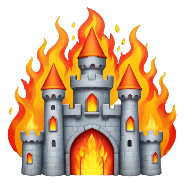 castle on fire, bright colors, emoji style sticker