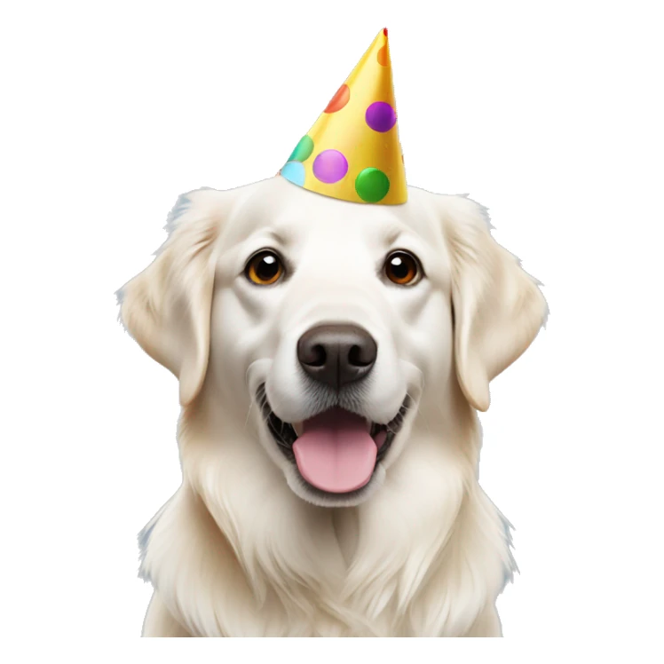 White golden retriever wearing multicolor party hat sticker