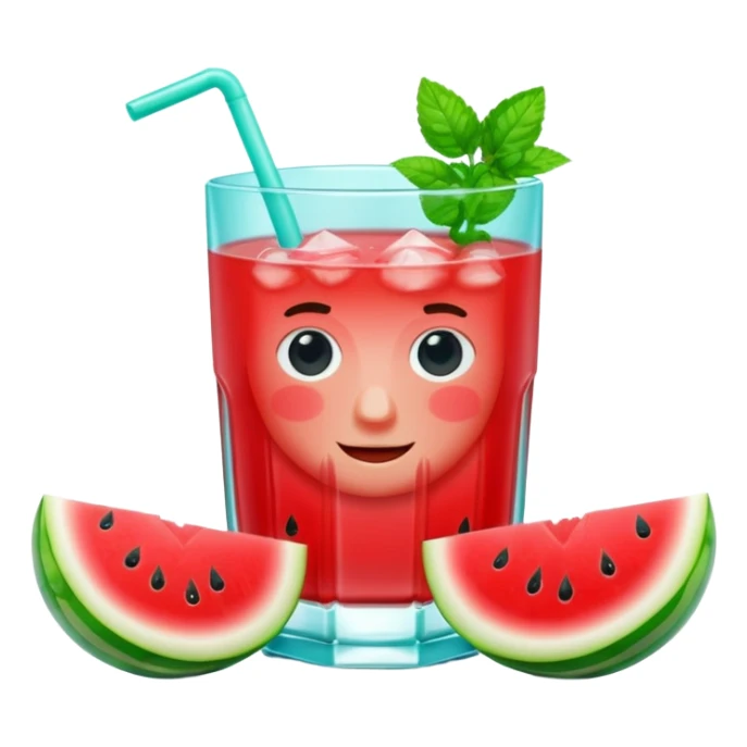 A 3D cartoon glass filled with watermelon juice, ice cubes, mint garnish, bright red color, smooth reflections, soft natural lighting, Memoji-style. sticker