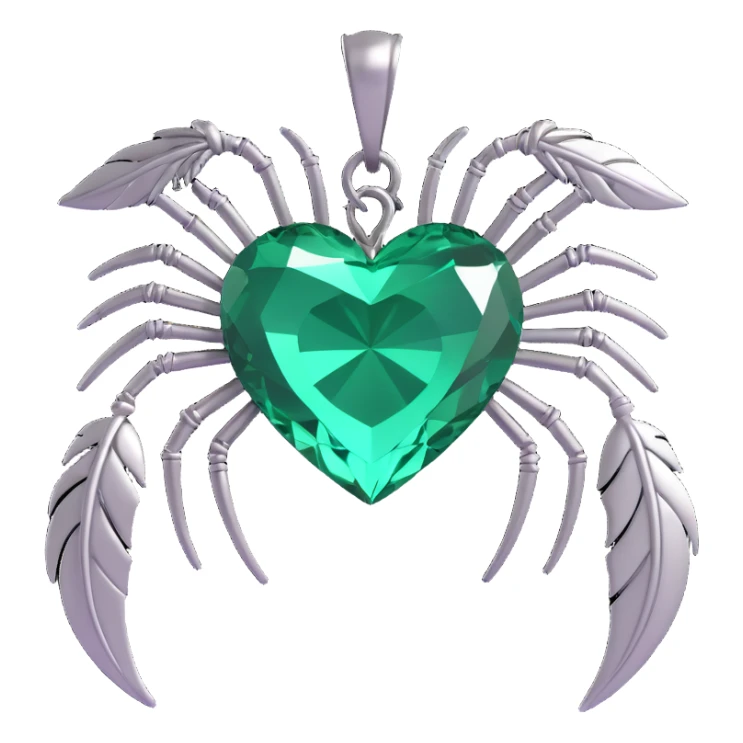 3D emoji gothic heart, emerald green crystal, silver spider charm, feather accents, misty background sticker