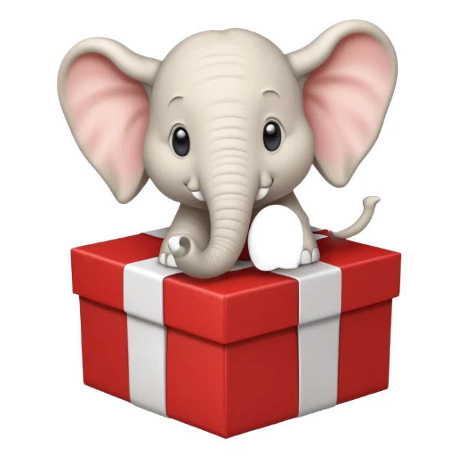 A white elephant popping out of a gift box sticker