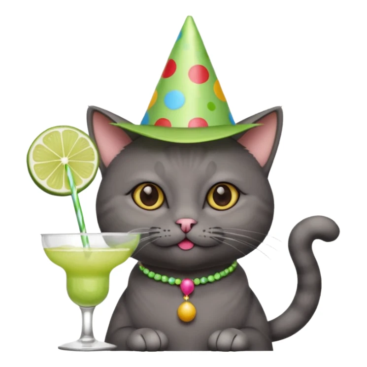 A dark grey cat is wearing a party hat, and drinking a margarita. sticker