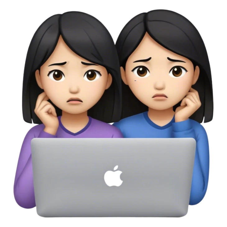 two asian girls crying in front of macbook sticker