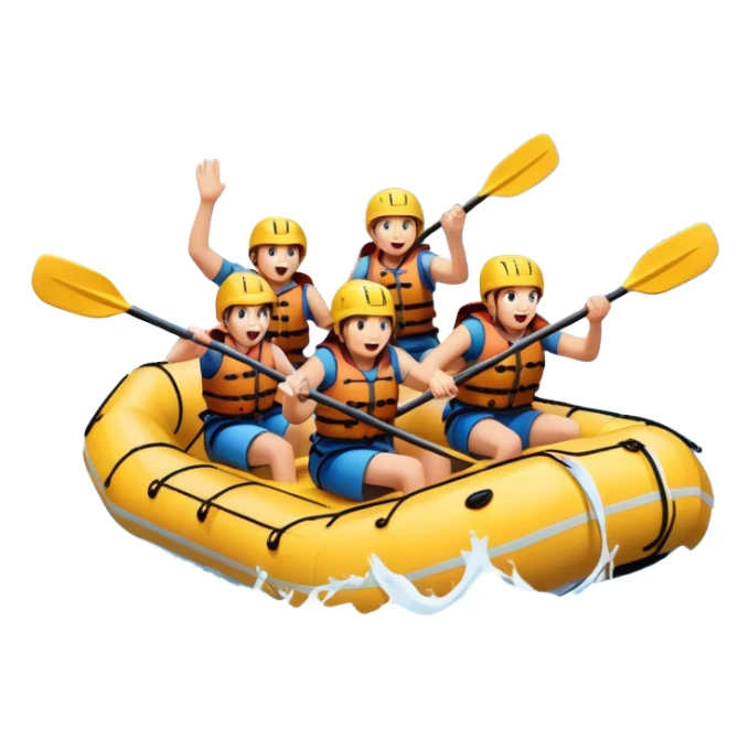 A group of adventurers paddling a raft through wild, fast-moving river rapids. The scene includes splashing water, rugged rocks, and intense action, emphasizing the excitement and teamwork of rafting in challenging conditions. sticker