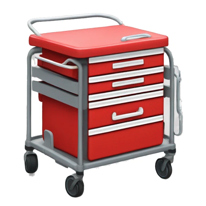 Singular Red medical crash cart is a mobile, multi-drawer unit designed to store and organize emergency medical supplies and equipment and a cardiac defibrillator on top sticker