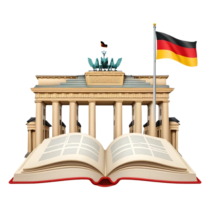 An icon featuring the Brandenburg Gate and the big flag of Germany, symbolizing the German language. The design includes an open book with German text representing language learning and German culture. Transparent background highlights the essence of German heritage. sticker