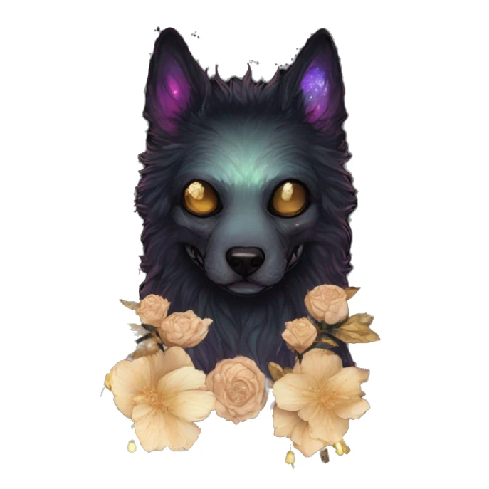 Black iridescent fluffy dog fox head skull zombie skull skeleton skull gold mechanical steampunk raven wings nebula galaxy stars colorful flowers fairy lights vintage sticker