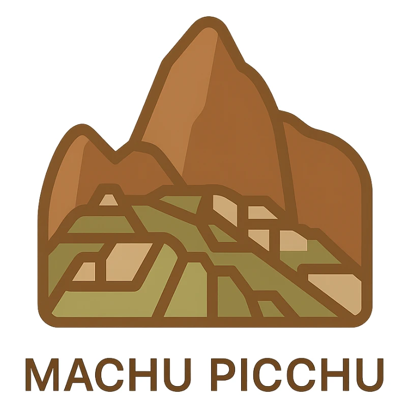 Machu Picchu logo, stylized mountain silhouette, earthy tones, clean design sticker