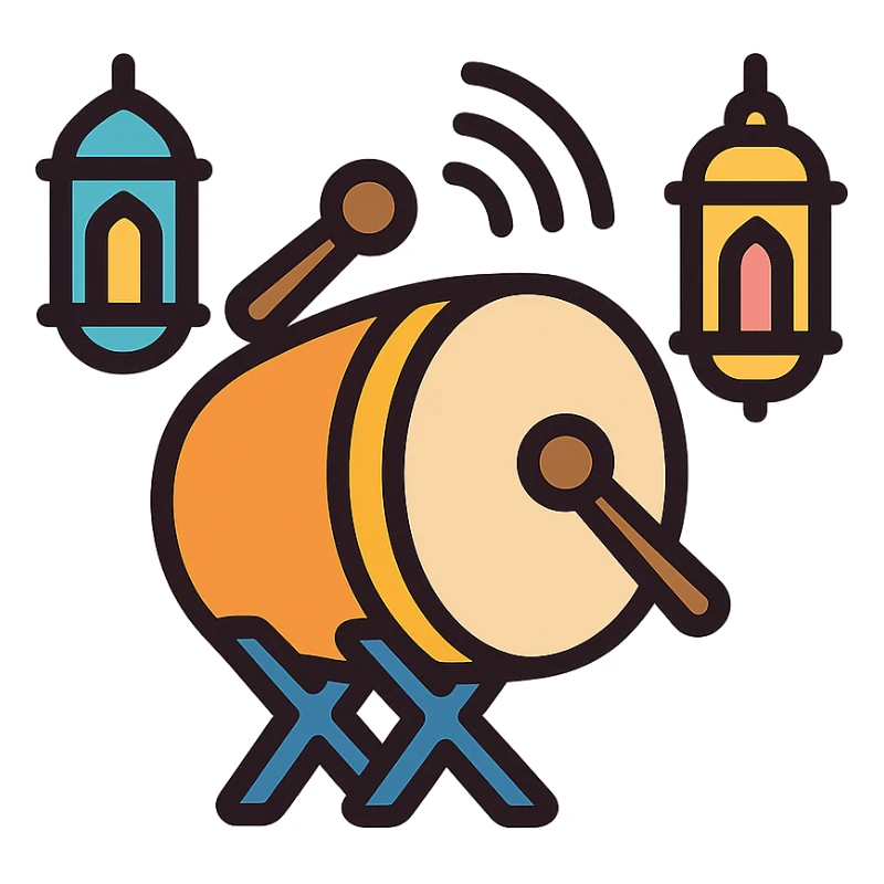 colorful icon of a drum with sound waves and Ramadan lanterns, representing 'tung tung tung sahur' sticker