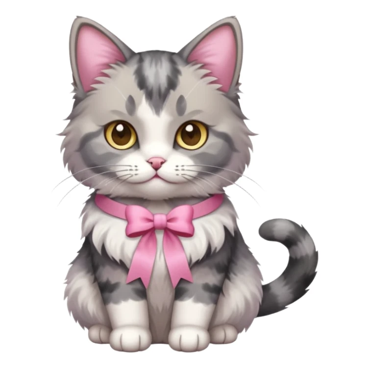 Sitting Dilute grey calico cat with pink ribbon sticker