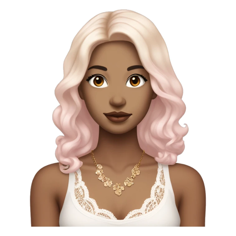 fair-skinned girl with black, slim shaped eyes and long lashes. long, dark brown hair In a wavy/blowout style. wearing a delicate white lace tank top and a dainty gold necklace, plump light pink lips. sticker