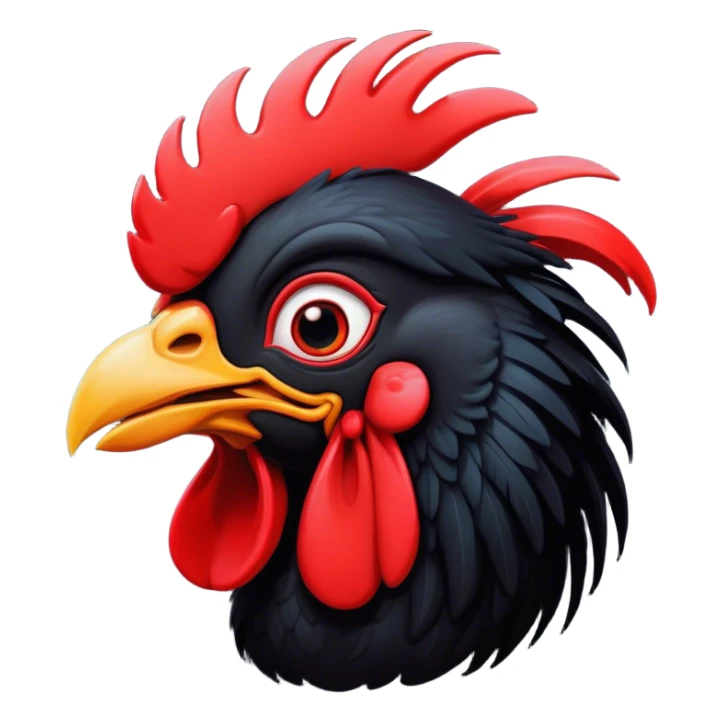 Cinematic Comical Black Rooster Portrait Emoji, Head tilted dramatically with an exaggeratedly shocked or amused expression, featuring a striking pure black plumage with a bold red comb, wide, expressive eyes filled with playful disbelief, Simplified yet hilariously expressive features, highly detailed, glowing with a slightly sassy glow, high shine, dramatic yet playful, stylized with an air of cheeky mischief, bright and endearing, soft glowing outline, capturing the essence of a spirited and over-the-top rooster, so meme-worthy it feels like it could crow its way into internet fame instantly! sticker