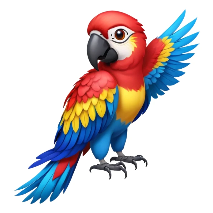 cinematic-macaw-realistic-full-body-standing-emoji,-vibrant-feathers-glowing-with-rich-reds,-blues,-and-yellows,-head-tilted-dramatically,-curved-beak-gleaming,-piercing-dark-eyes-exuding-confidence,-simplified-yet-realistic-focused sticker