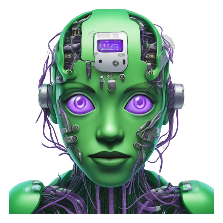 Green cyborg with violet eyes wires and circuits  sticker