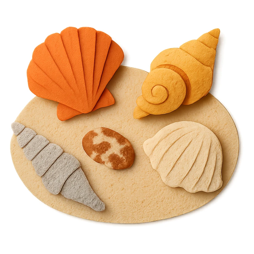 collection of different sea shells, arranged on a sandy background sticker
