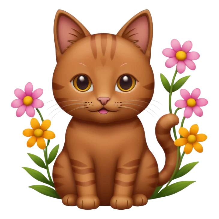 color outline icon of a brown cat with flowers sticker