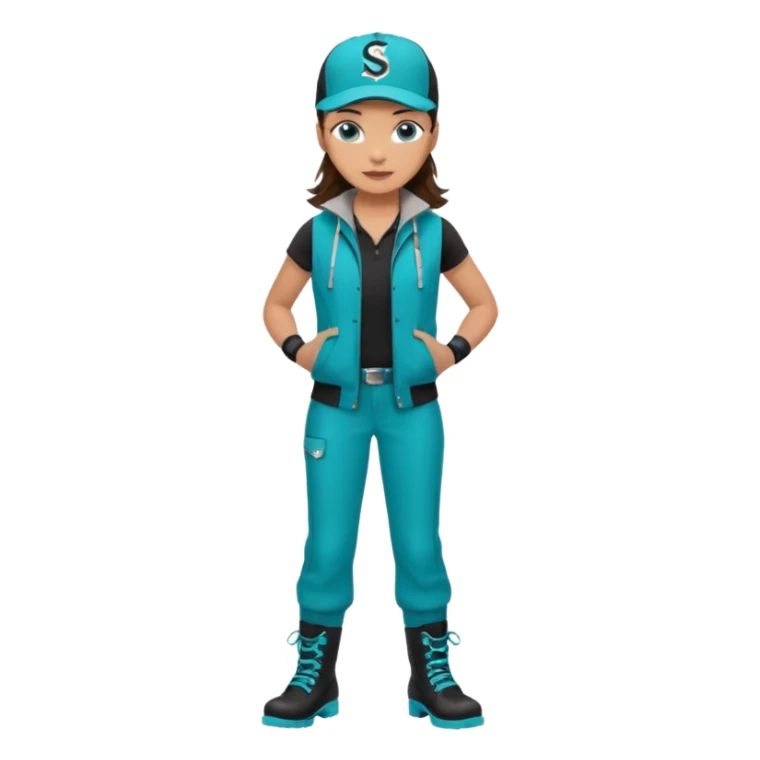 A landscaper in a beautiful turquoise jacket and turquoise boots, black pants, and a black sleeveless shirt. On his head is a black Swissotel baseball cap. The girl is a brunette with blue eyes. sticker