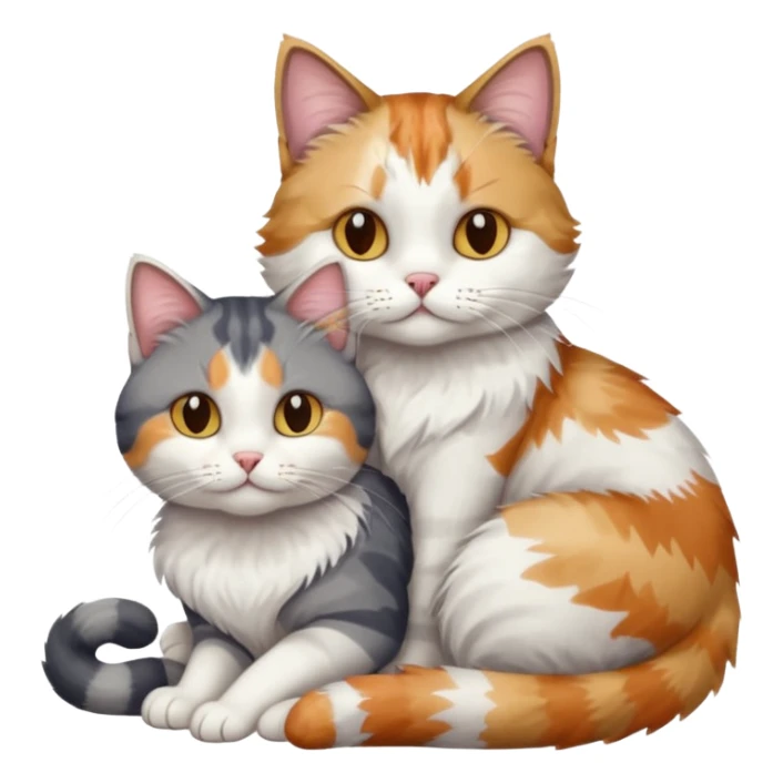 full body colourful light patched calico + white tabby cat cuddling a grey and white cat  sticker