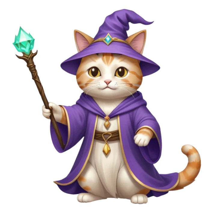 A cat wizard casting a spell with magical staff and flowing robes sticker