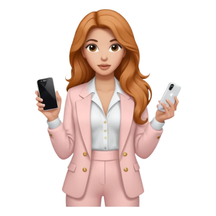 pale skin Kim Kardashian with ginger wavy long Hair, light pink  Spacious classical jacket, light pink palazzo Arrow pants and white blouse holding white IPhone 15 pro in the hands sticker