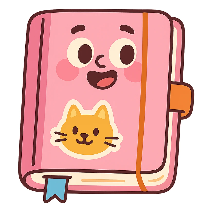 cute pink diary with a cat sticker on the cover, pastel colors sticker