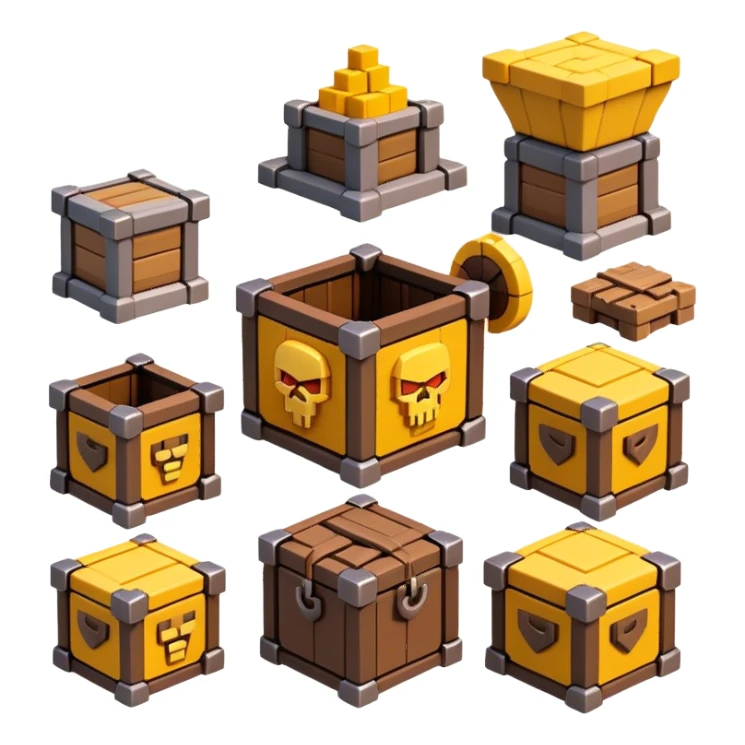 Clash of Clans aesthetic: Cinematic Playful Pixel 3D loot crate Emoji, rendered in a 3D vector-style similar to standard emojis with minimal shading and bold, simplified shapes. A compact, distinct form with signature details, softly glowing with a pixelated adventure charm. Simplified yet unmistakably iconic, highly detailed and consistent, glowing with a soft radiance and high shine. Stylized with a touch of classic pixel-art charm and a soft glowing outline, capturing the essence of a beloved gaming relic with a friendly, playful manner! sticker