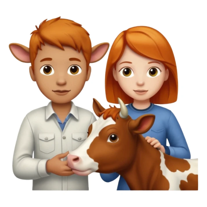 A boy and a ginger girl petting a cow sticker