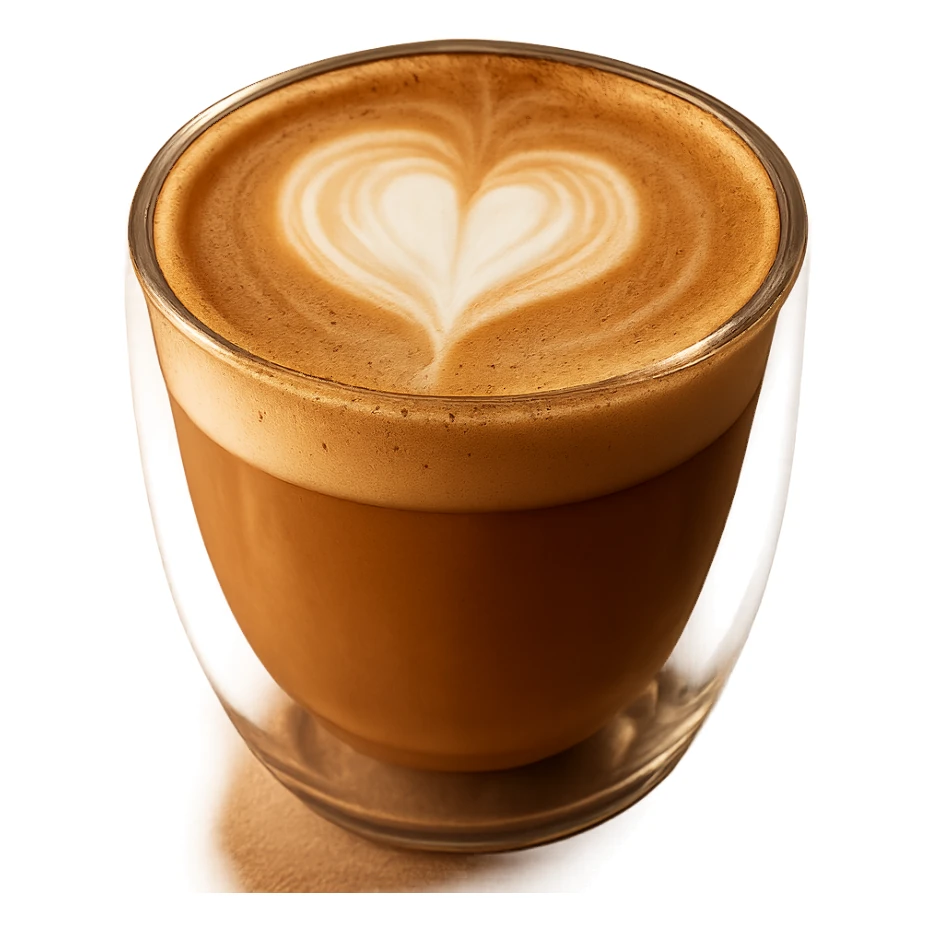 cappuccino with heart-shaped foam art, modern glass cup, cozy vibe sticker