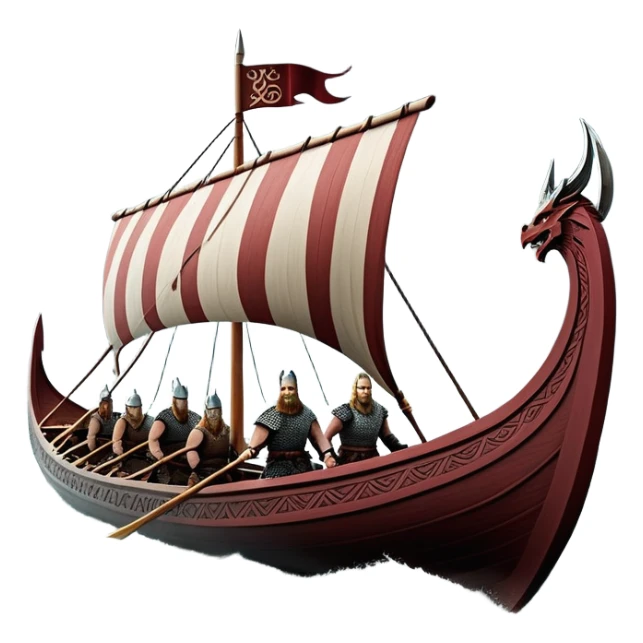 detailed-cinematic-viking-longboat, rendered in a flat, bold vector style with minimal shading, featuring a striking dragon-headed prow slicing through waters. shields on the side and vikings rowing The longboat’s, the boat has carved motifs evoke a sense of epic adventure and Nordic might, with billowing sails catching a dramatic, stormy sky backdrop. sticker