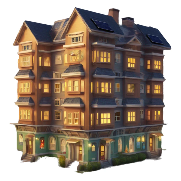 Apartment building shaped birdhouses with solar lights and decorative and detailed interior design  sticker