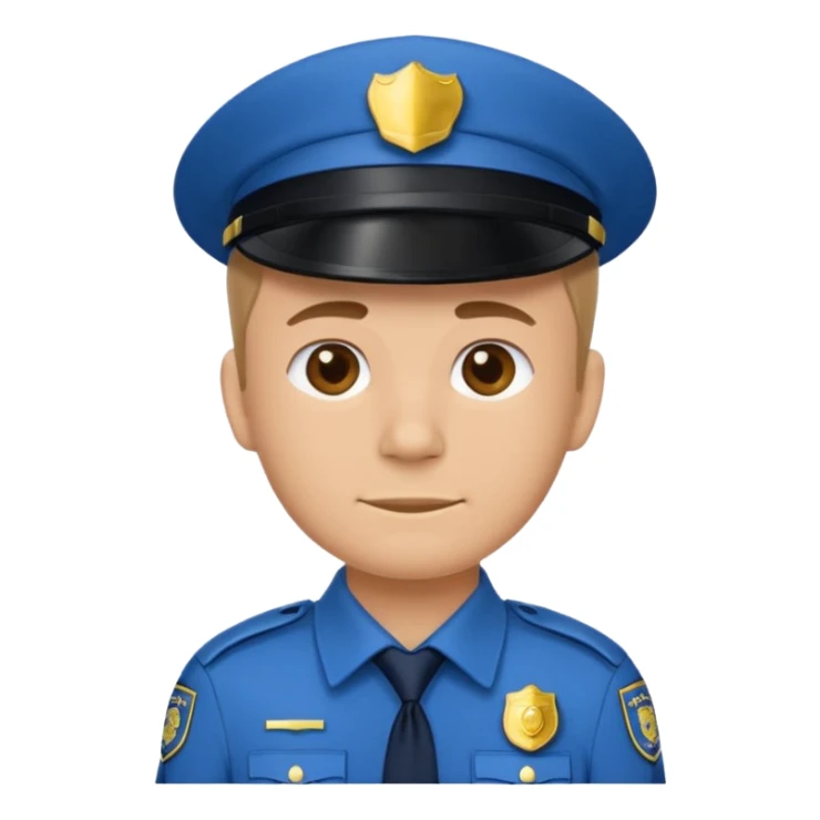 policeman emoji, blue uniform collar and badge visible, head and shoulders only, no cap/hat/headwear, flat emoji style, centered, bold outline, minimal detail, plain background sticker