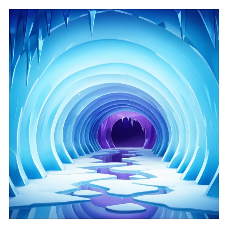 A breathtaking ice cave glowing with blue light, featuring smooth, curved walls made entirely of translucent ice. The interior reflects shimmering shades of blue and purple, with natural light filtering through the frozen surface. Realistic detail, cinematic lighting. sticker