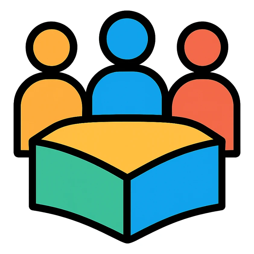 Iterate on the original design by making the table, book, and people more abstract and symbolic using geometric shapes and dynamic forms to suggest collaboration and study. Keep the logo visually engaging and less literal. No text. sticker