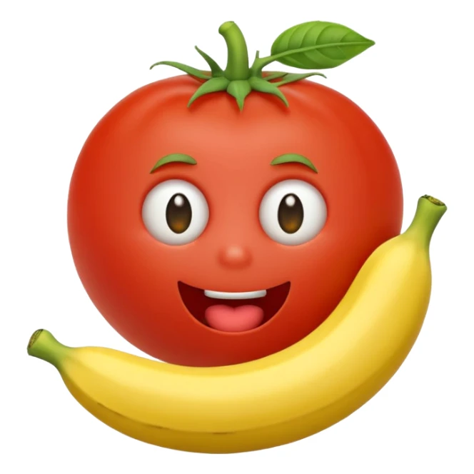 A cute tomato with a face eating a banana sticker