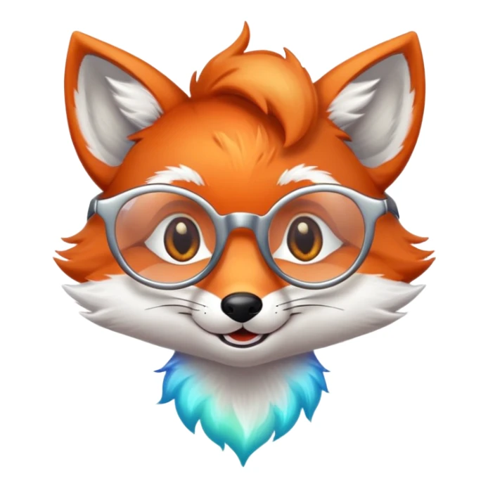 A sly fox with iridescent fur, a glowing tail, a silver star on its forehead, and round glasses, giving a mischievous smirk. 🦊😏 sticker