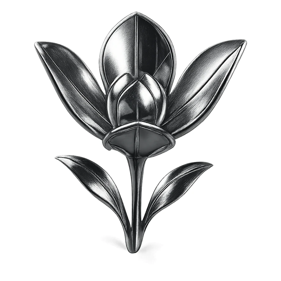 chrome style flower with three metallic petals emerging from the ground, highly reflective and polished sticker